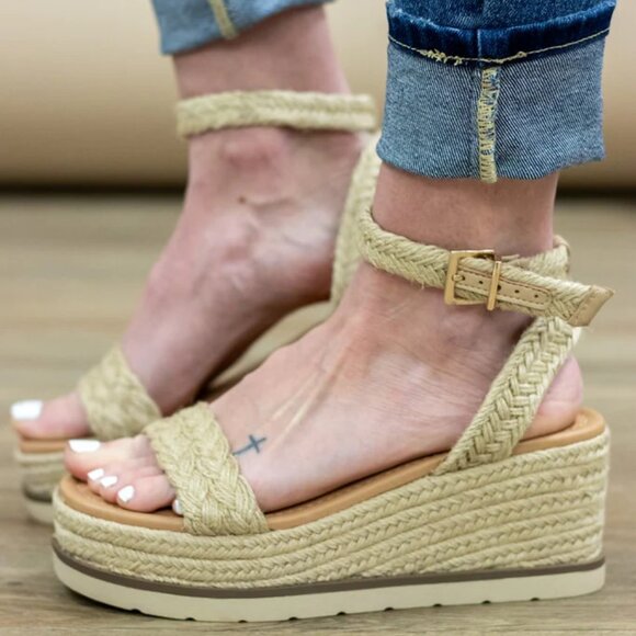 NEW🔥 Jute Raffia Open Toe Med Platform Wedge Heel Espadrille Sandal Ankle Strap - Picture 1 of 7